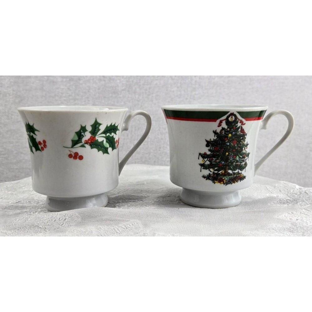 Christmas Teacup Set of 2 Small White Holly Xmas Tree Demitasse Cups Porcelain